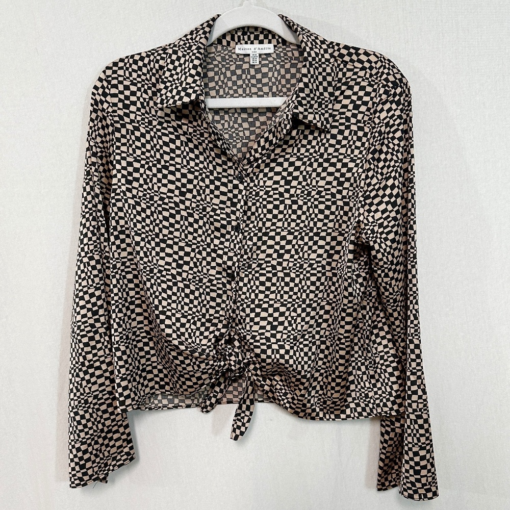 Anthropologie Maison d'Amelie Tie Front Crop Long Sleeved Black/Blush Pink Sz M